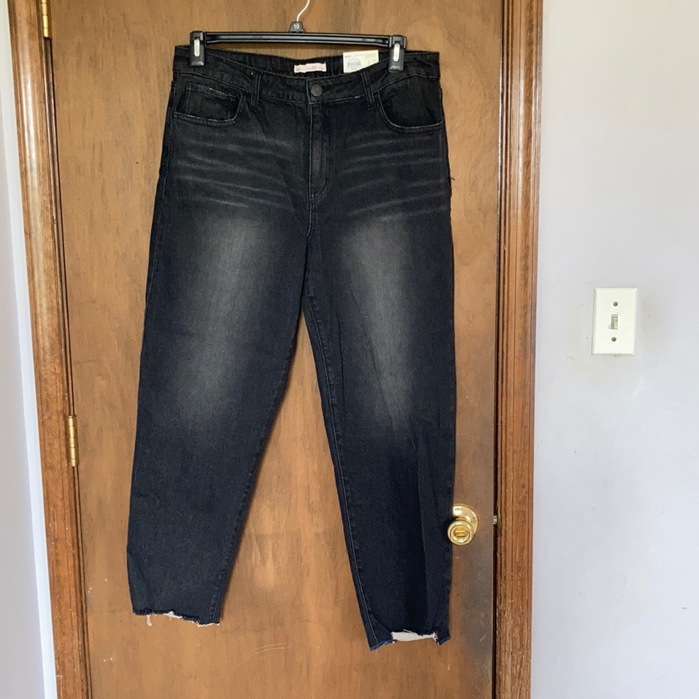So high rise straight distressed raw hem jean black wash denim size 13 / 31W